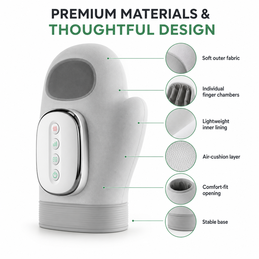 An electric personal massager shown on a white background with marketing text and callout circles explaining features such as soft outer fabric, individual finger chambers, lightweight inner lining, air-cushion layer, comfort-fit opening, and stable base.