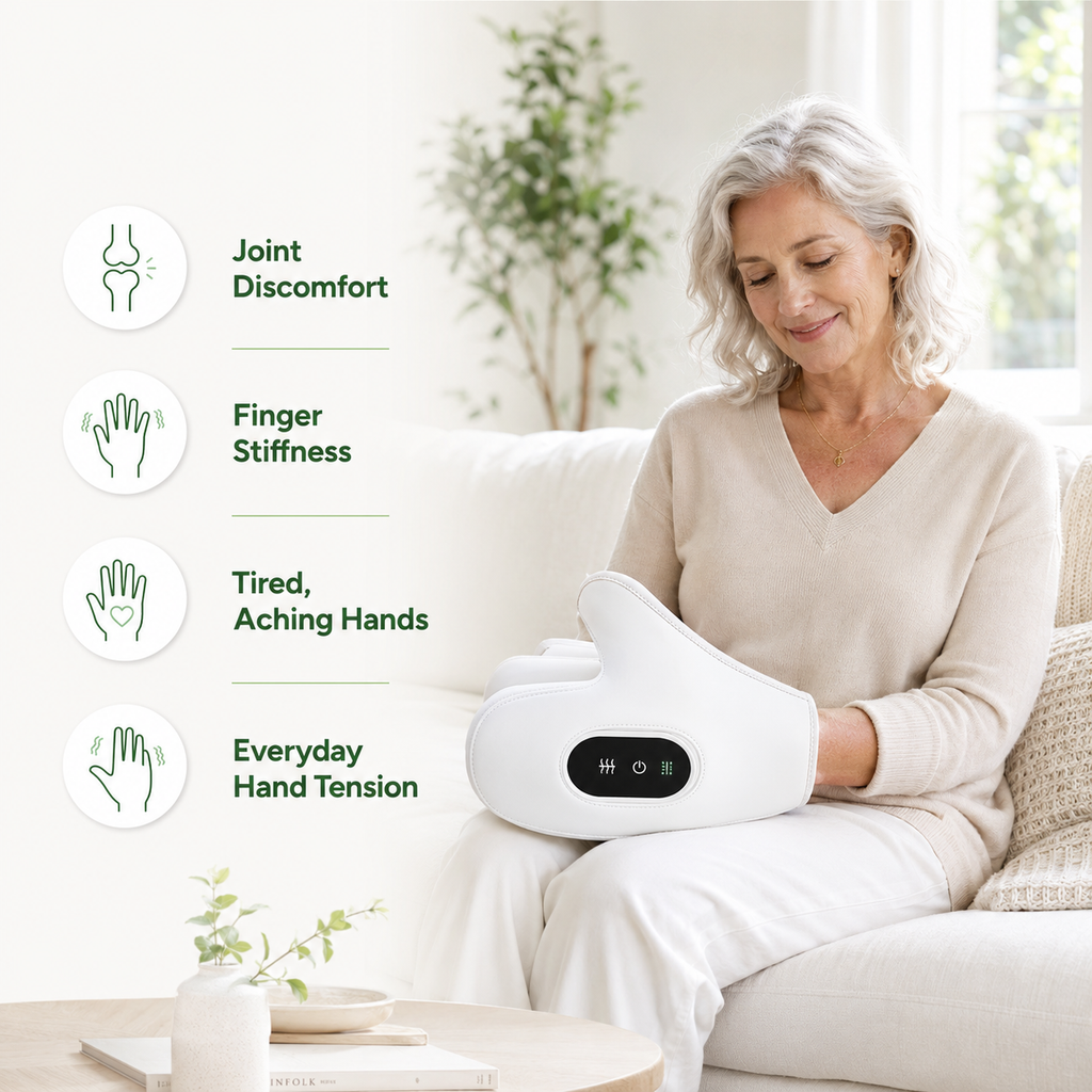 A woman sits on a cream sofa in a bright living room, holding a white handheld massage device against her neck and upper arm. Text on the left lists benefits: joint discomfort, finger stiffness, tired aching hands, and everyday hand tension.