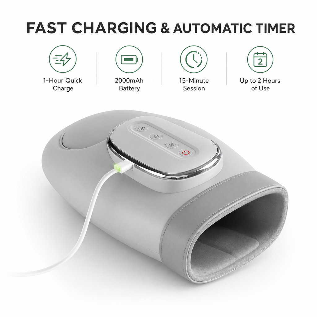 A gray electric wrist massager shown on a white background with promotional text and feature icons above it. The product has a padded arm cuff, a control panel with buttons, a charging cable, and a visible battery indicator.