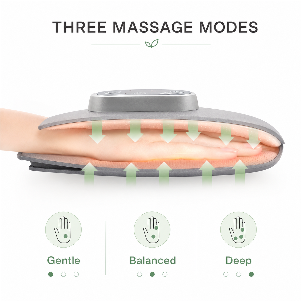 A massage device shown resting on a hand with arrows indicating three massage modes: Gentle, Balanced, and Deep. The top text reads 'THREE MASSAGE MODES'.
