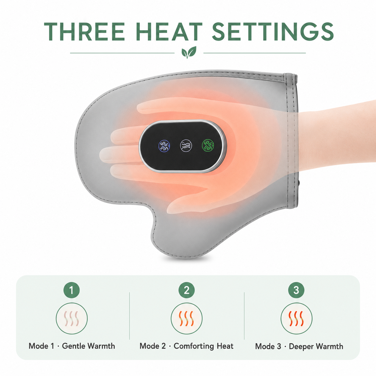 A heat pad or wrist/ankle warmer shown on a hand with a glowing orange heat effect and the text 'THREE HEAT SETTINGS' above. Below are three warmth levels labeled Mode 1 Gentle Warmth, Mode 2 Comforting Heat, and Mode 3 Deeper Warmth.
Details