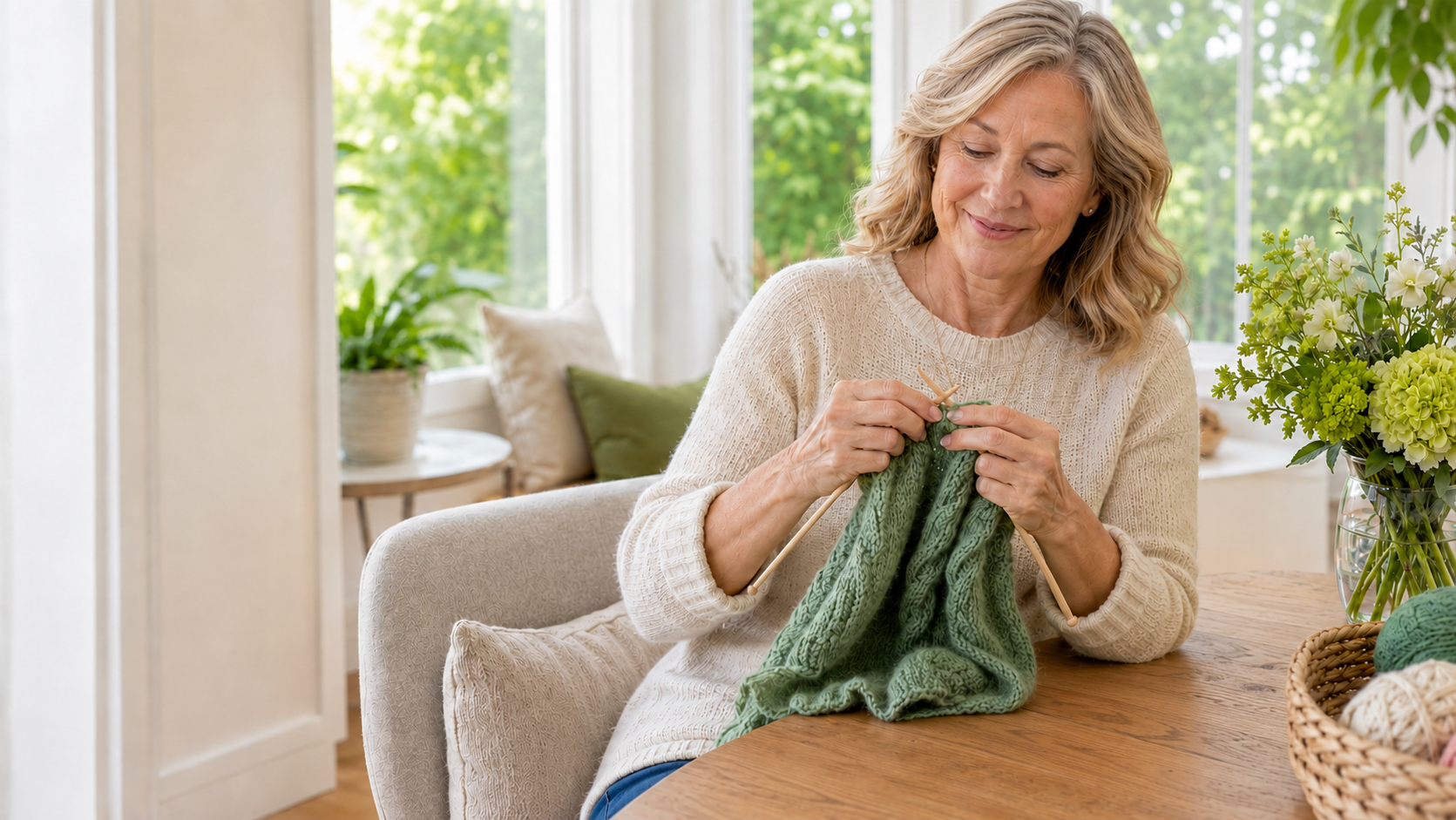 A woman sits at a wooden table in a bright, sunlit room, knitting a green blanket with knitting needles. She is wearing a cream-colored knit sweater.