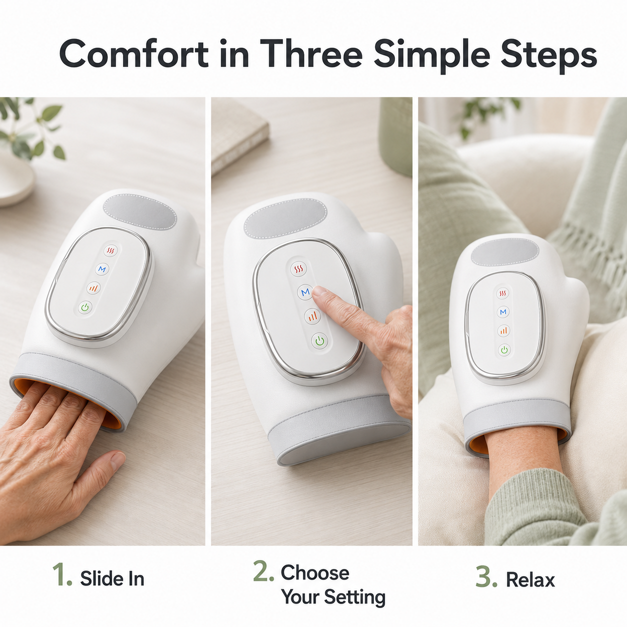 Three-panel instructional graphic showing a white wrist/forearm massager being used: slide it into the arm, choose settings on the touch panel, and relax. Text at the top reads 'Comfort in Three Simple Steps.