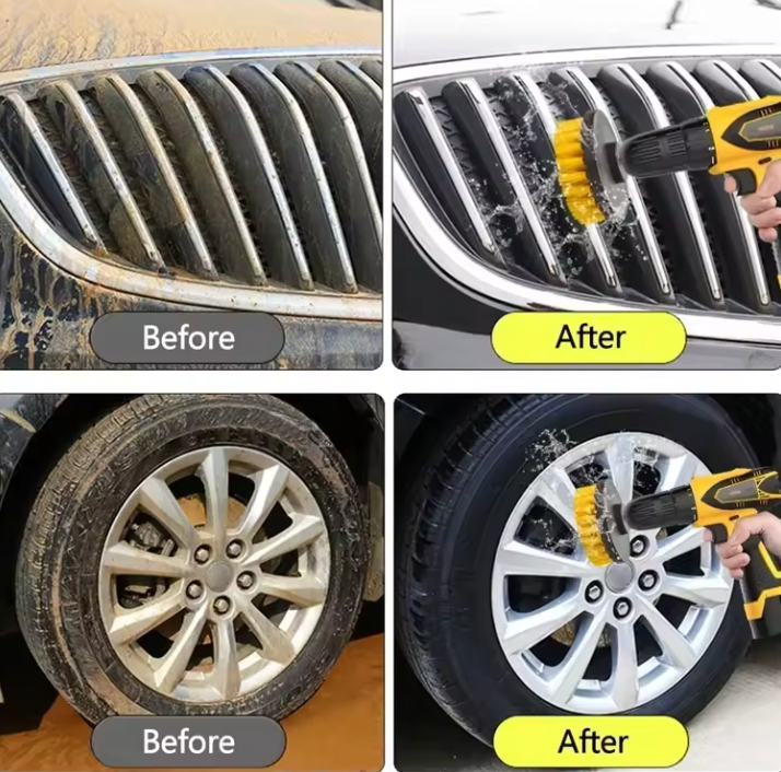 Before and after images of car cleaning using Drill Brush Cleaning Kit 6-Piece Set for effective dirt removal.
