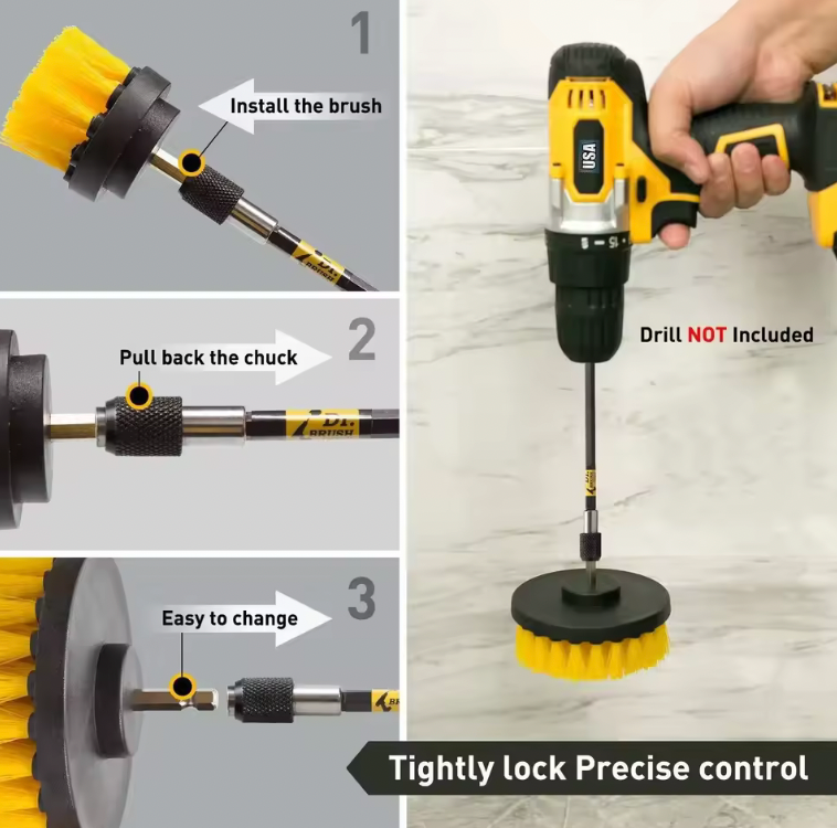 Drill Brush Cleaning Kit 6-Piece Set installation guide showing brush attachment steps and precise control with drill