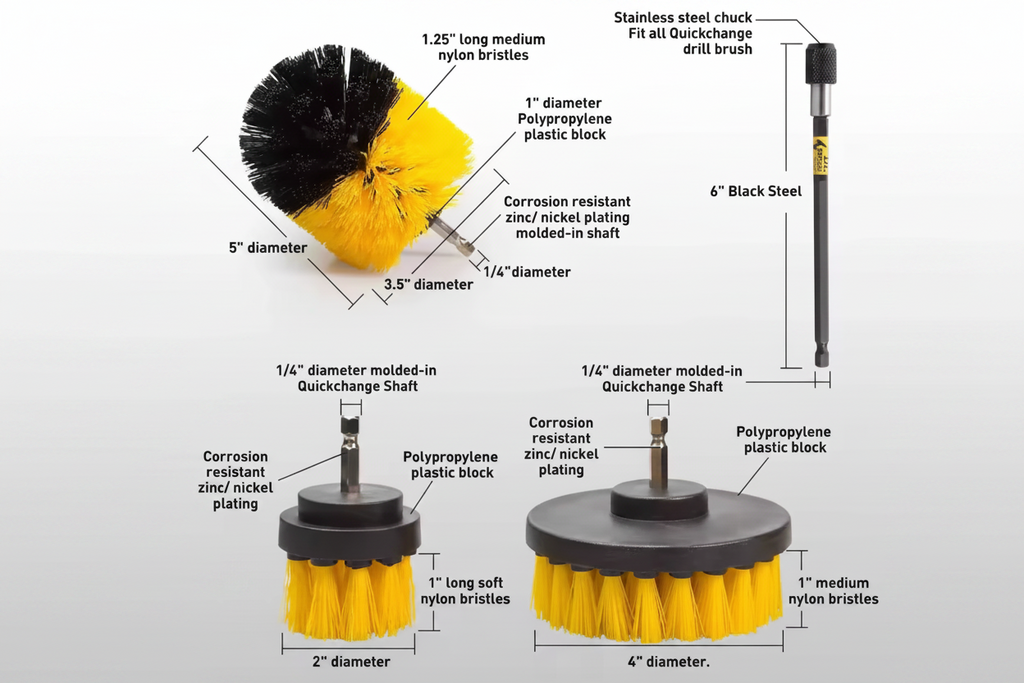 Drill Brush Cleaning Kit 6-Piece Set showing various brush sizes and materials for effective cleaning.