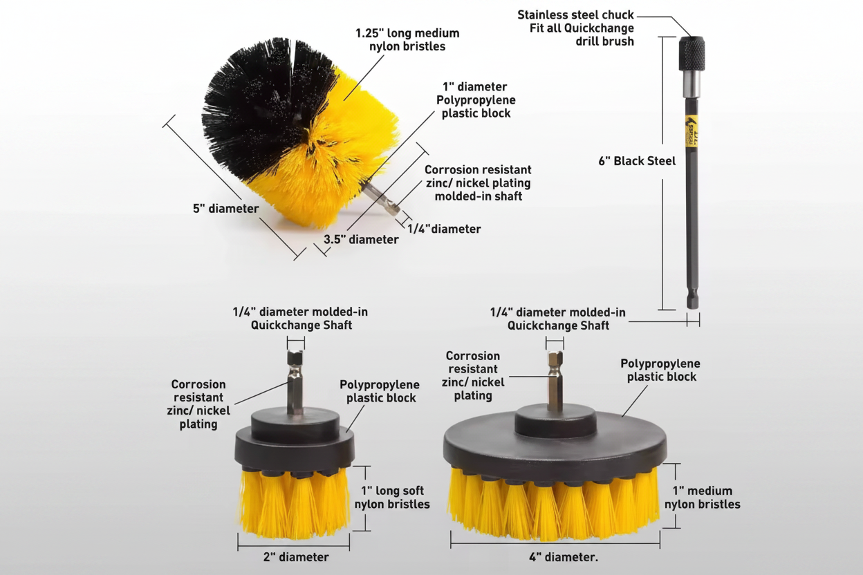 Drill Brush Cleaning Kit 6-Piece Set showing various brush sizes and materials for effective cleaning.