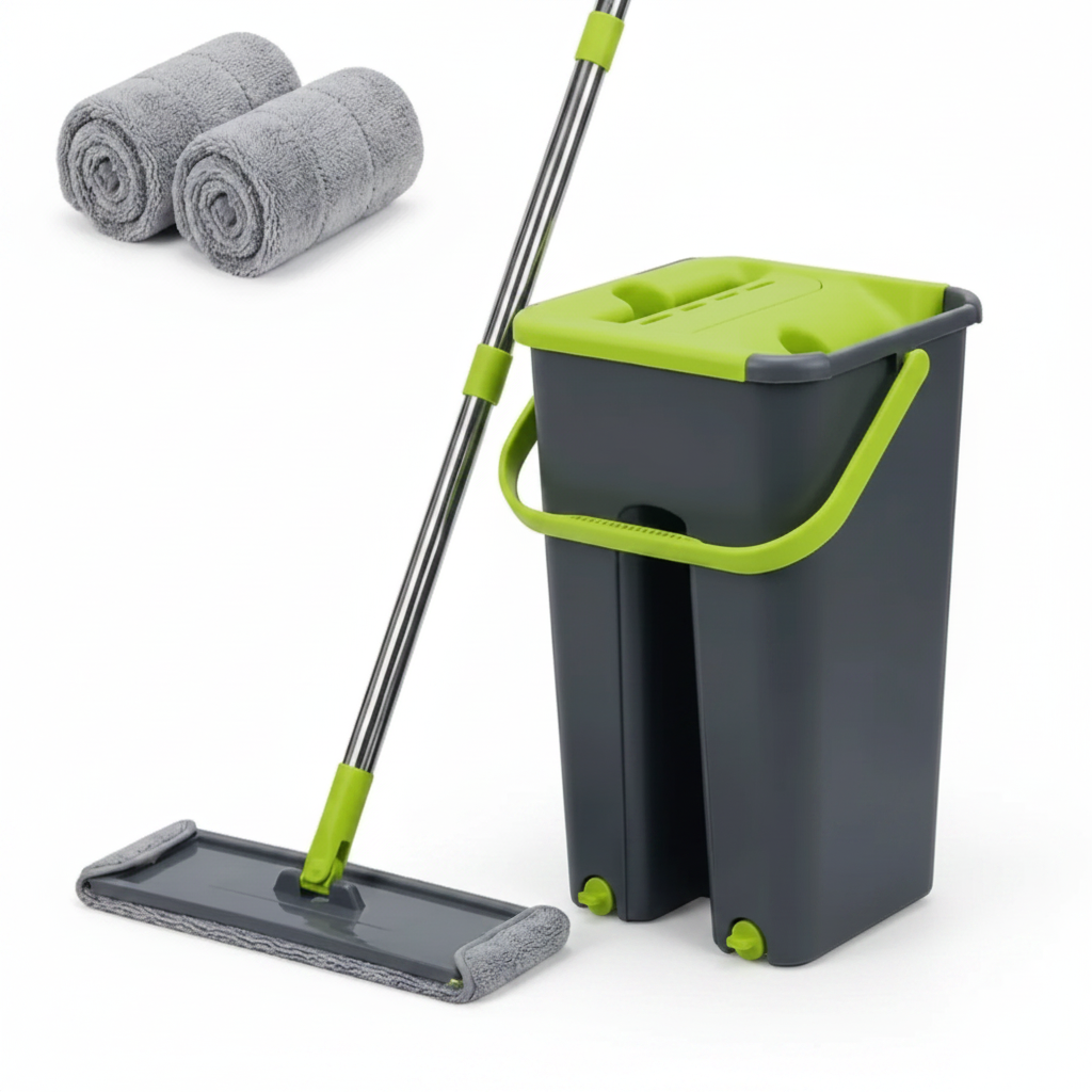 Mop and bucket set with green accents on a white background