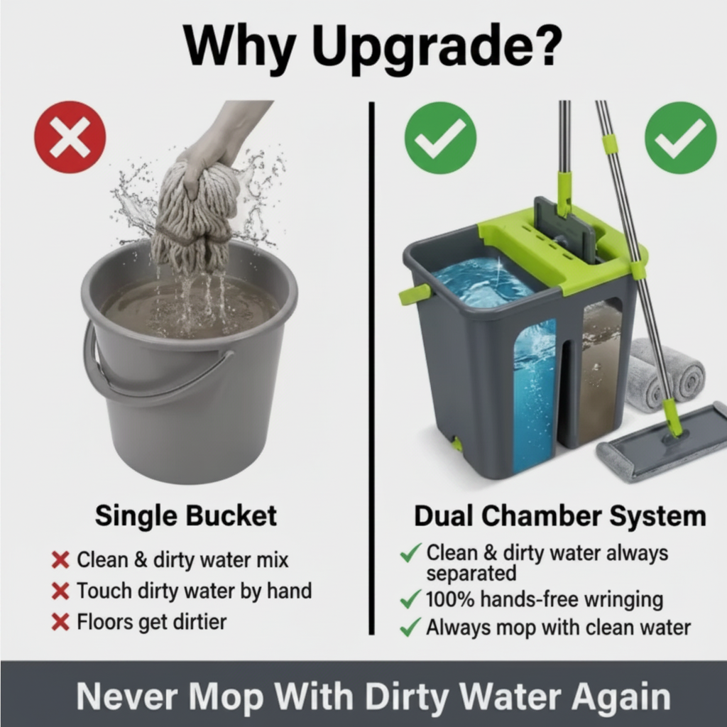 Comparison of single bucket and dual chamber system for mopping with text explaining benefits.