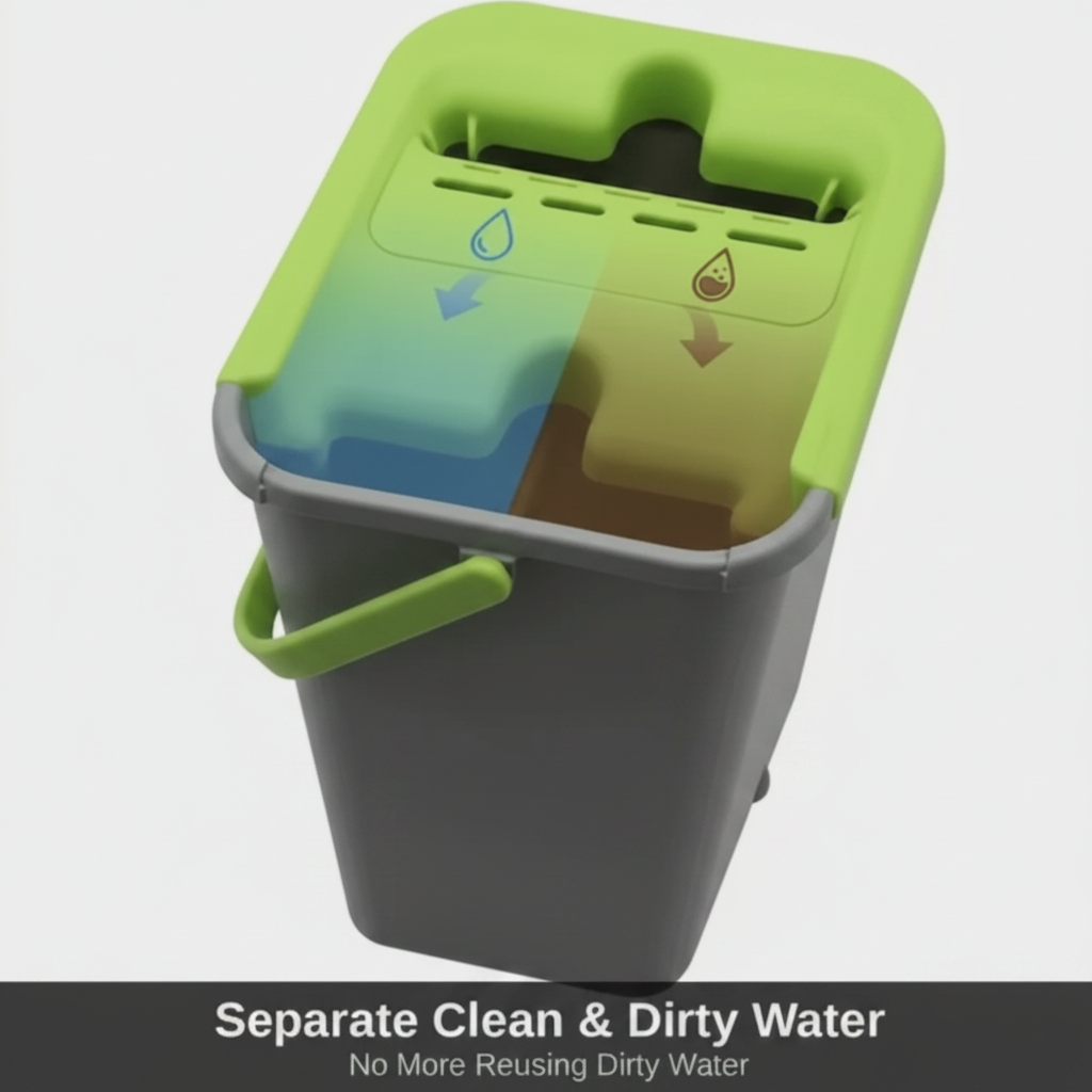Two compartment bucket for separating clean and dirty water with green and gray design.