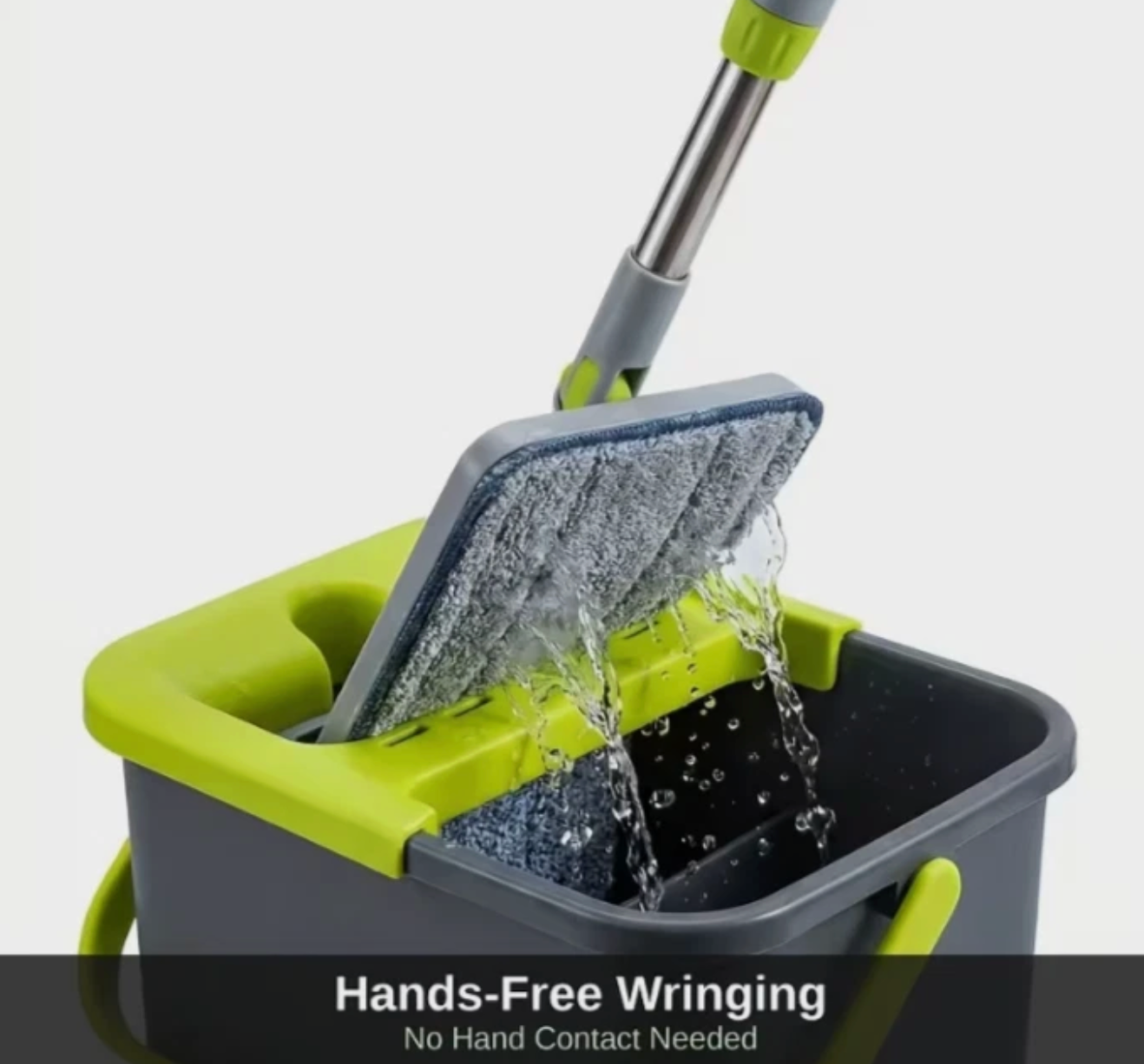 Mop with green handle and gray bucket for hands-free wringing on a white background
