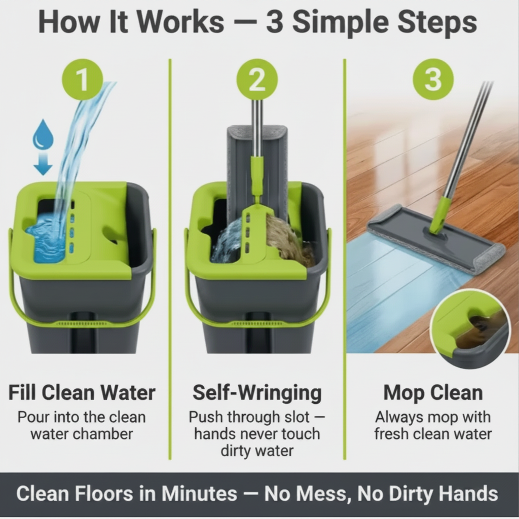 Step-by-step guide on using a cleaning device with images and text.