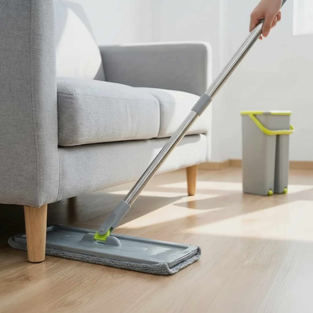 Mop with 360-degree rotation feature cleaning a wooden floor next to a gray sofa.