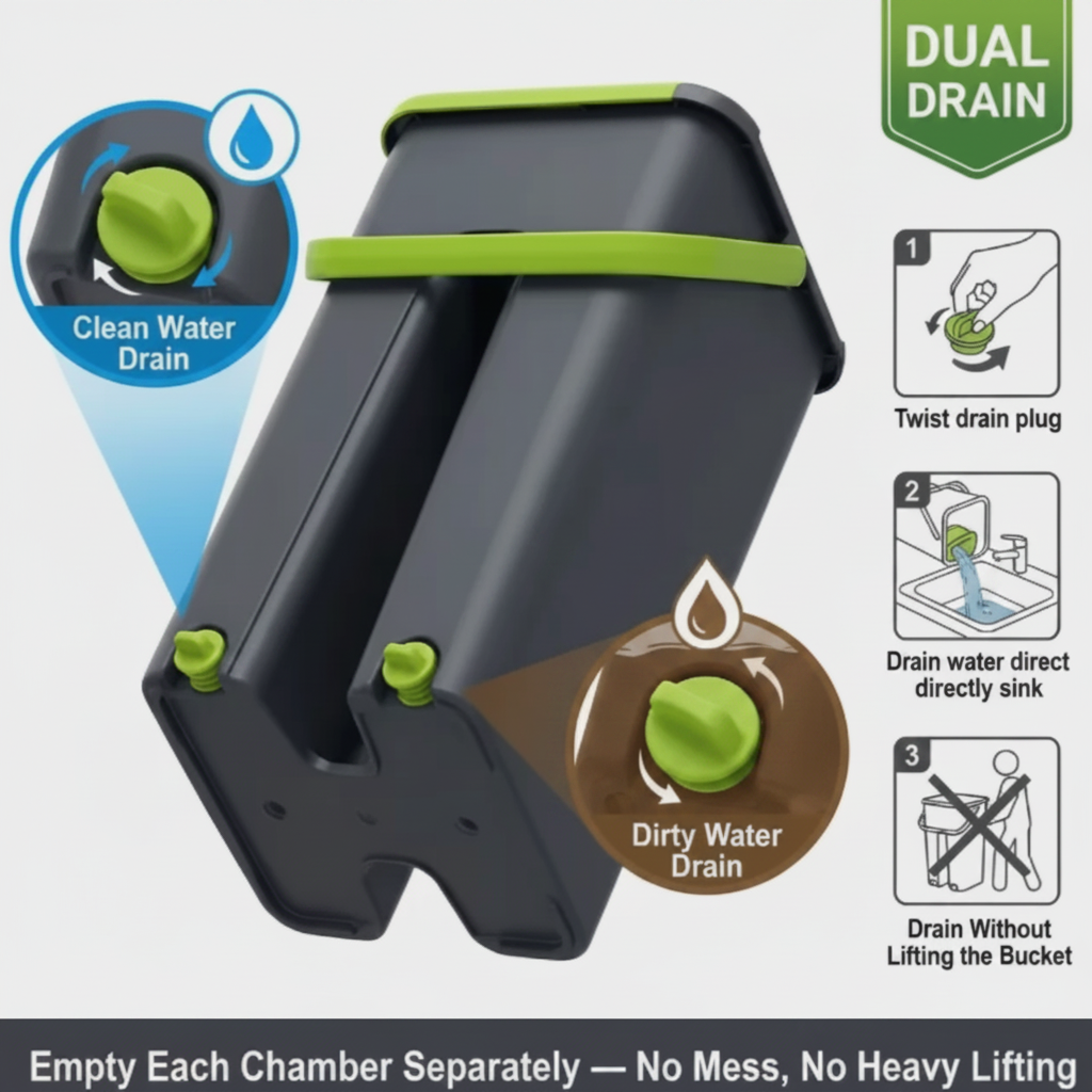Dual drain bucket with cleaning and waste separation system on a gray background