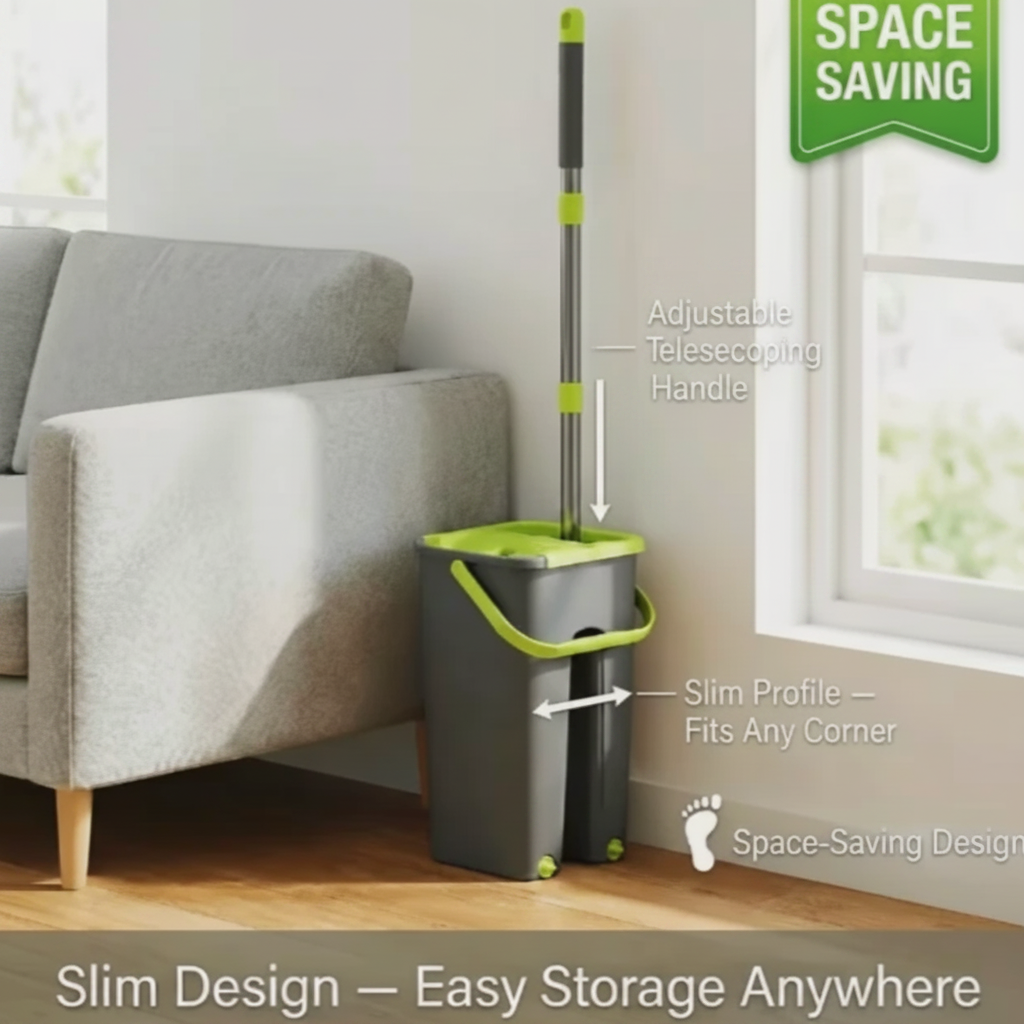 Mop and bucket set with space-saving design features in a room corner.