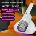 Wireless acarid device with features listed on a background of furniture.