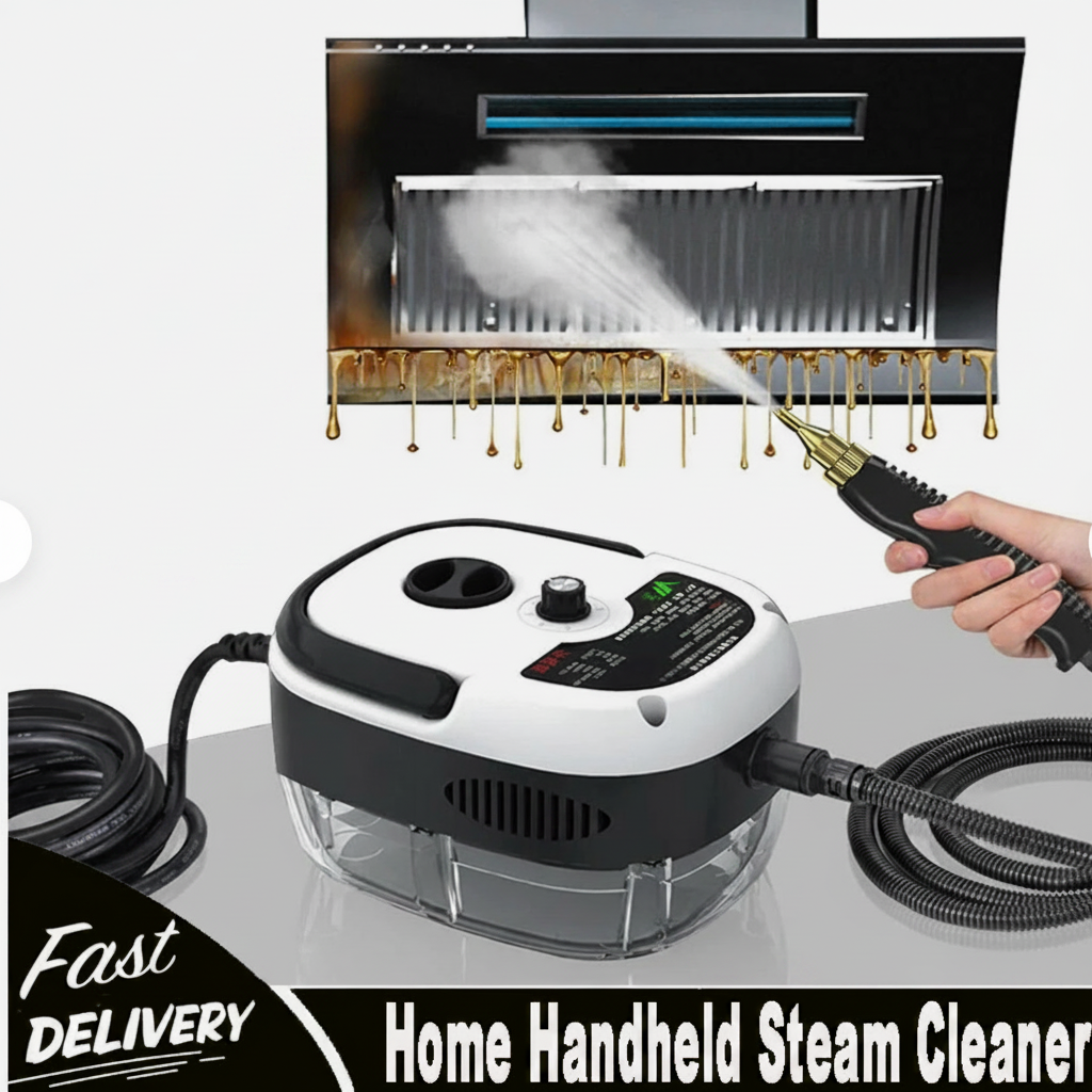 Home handheld steam cleaner with steam being emitted, warranty and satisfaction guarantees displayed, and 'Fast Delivery' text.