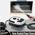 Home handheld steam cleaner with steam being emitted, warranty and satisfaction guarantees displayed, and 'Fast Delivery' text.
