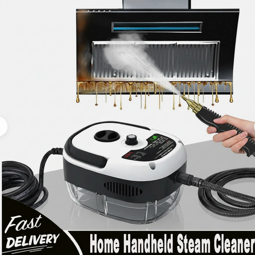 Home handheld steam cleaner with steam being emitted, warranty and satisfaction guarantees displayed, and 'Fast Delivery' text.