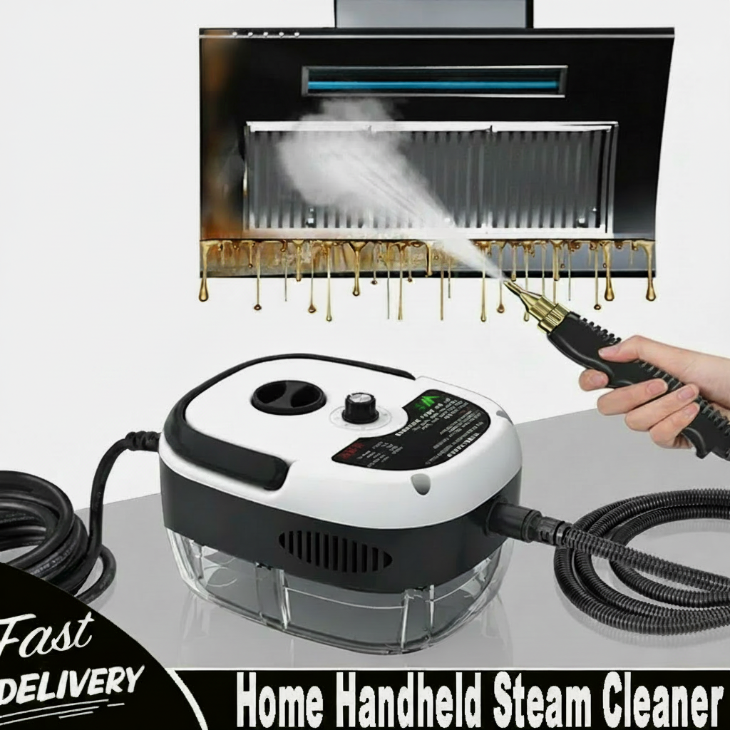 Home handheld steam cleaner with steam being sprayed, warranty and satisfaction guarantees displayed, and 'Fast Delivery' text.