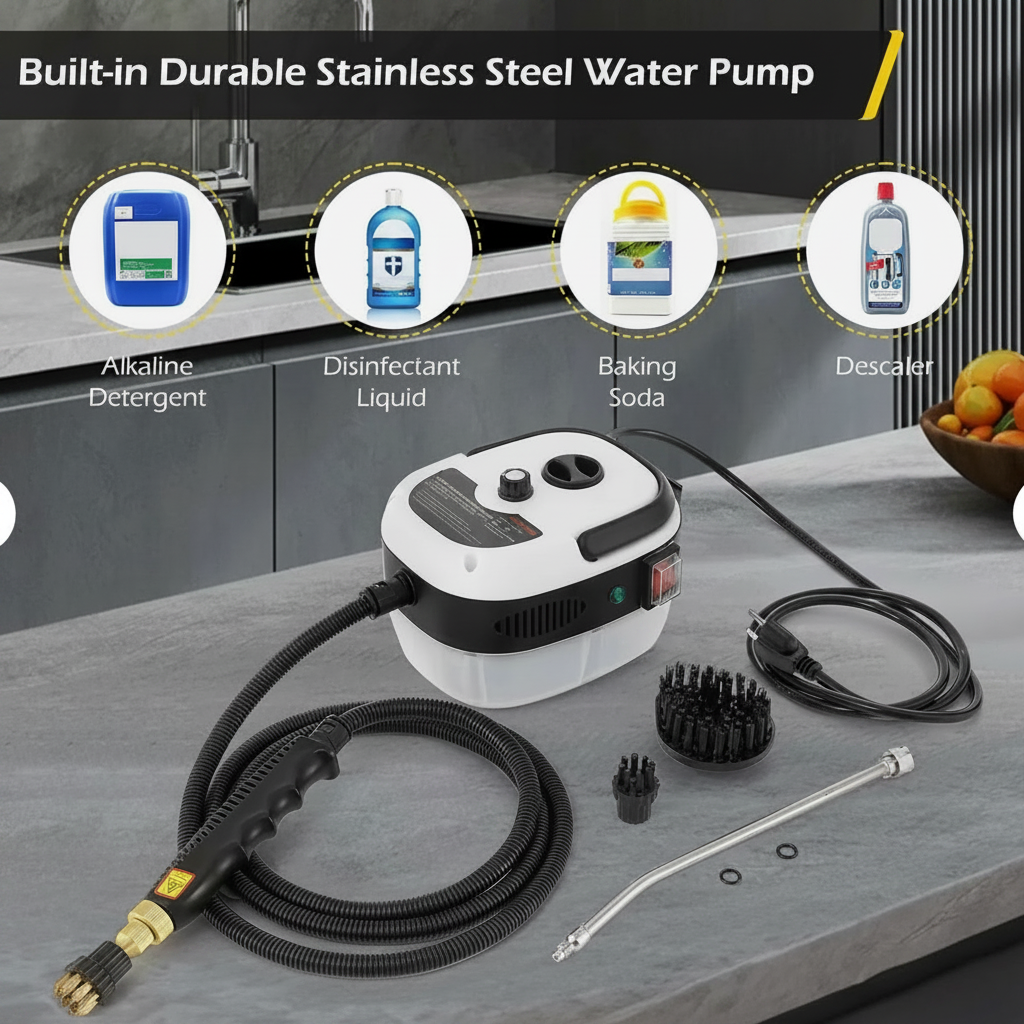 Steam cleaner with attachments on a kitchen counter, featuring a durable stainless steel water pump.