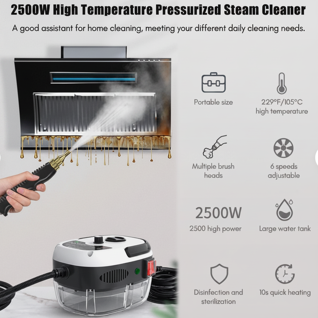 High temperature pressurized steam cleaner with features listed on a gray background