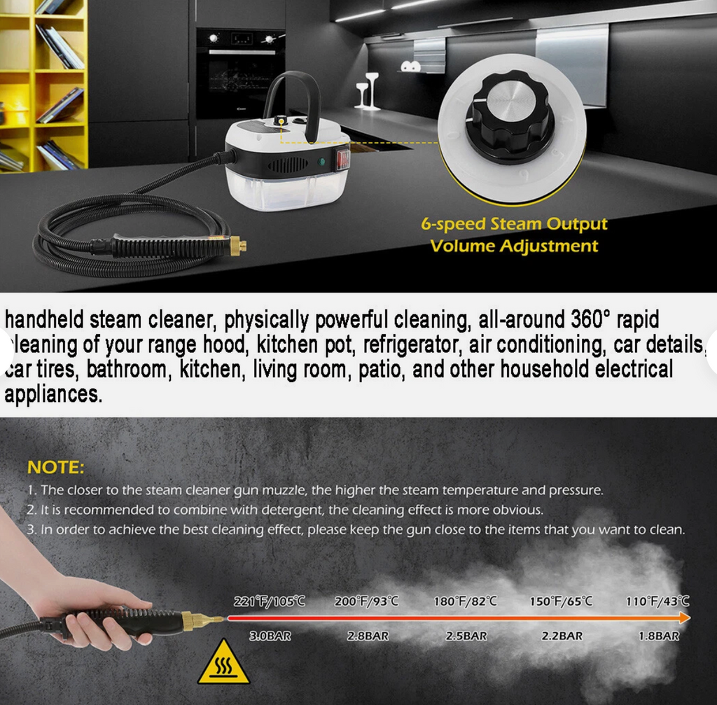 Handheld steam cleaner with steam output and volume adjustment features, used for cleaning various household items.