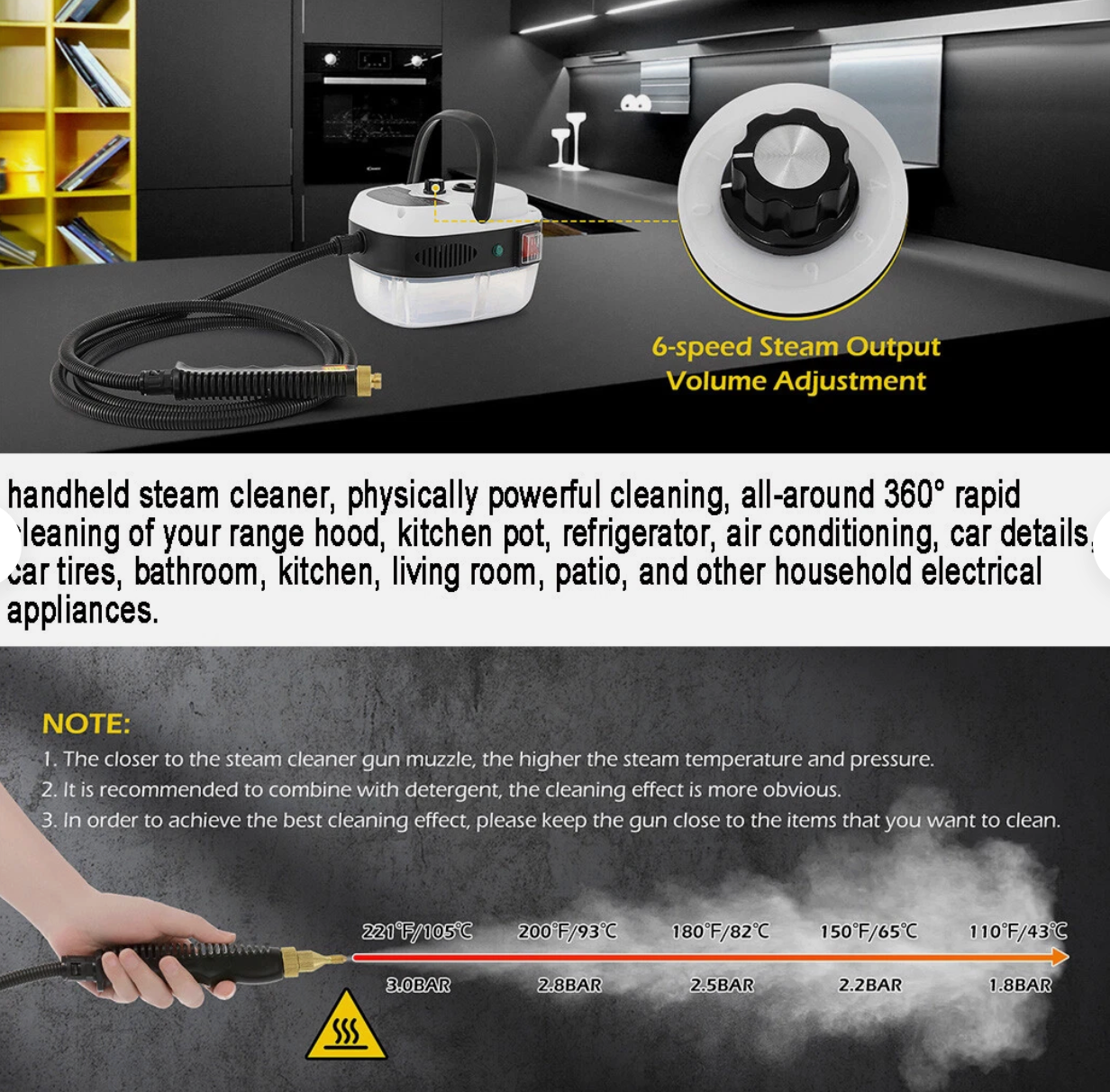 Handheld steam cleaner with steam output and volume adjustment features, used for cleaning various household items.