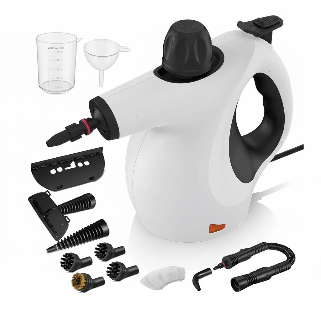 White handheld steamer with black attachments on a white background