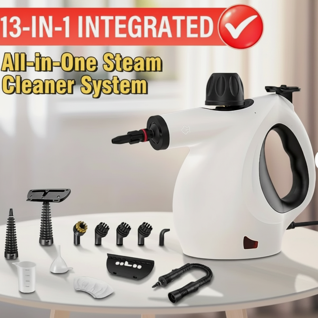 13-in-1 integrated all-in-one steam cleaner system with attachments on a white surface.