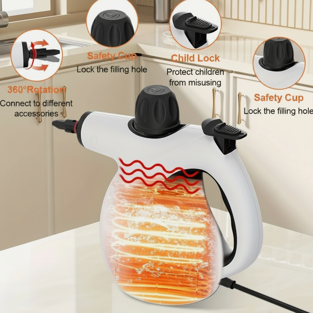 White steam cleaner with features highlighted on a kitchen counter.