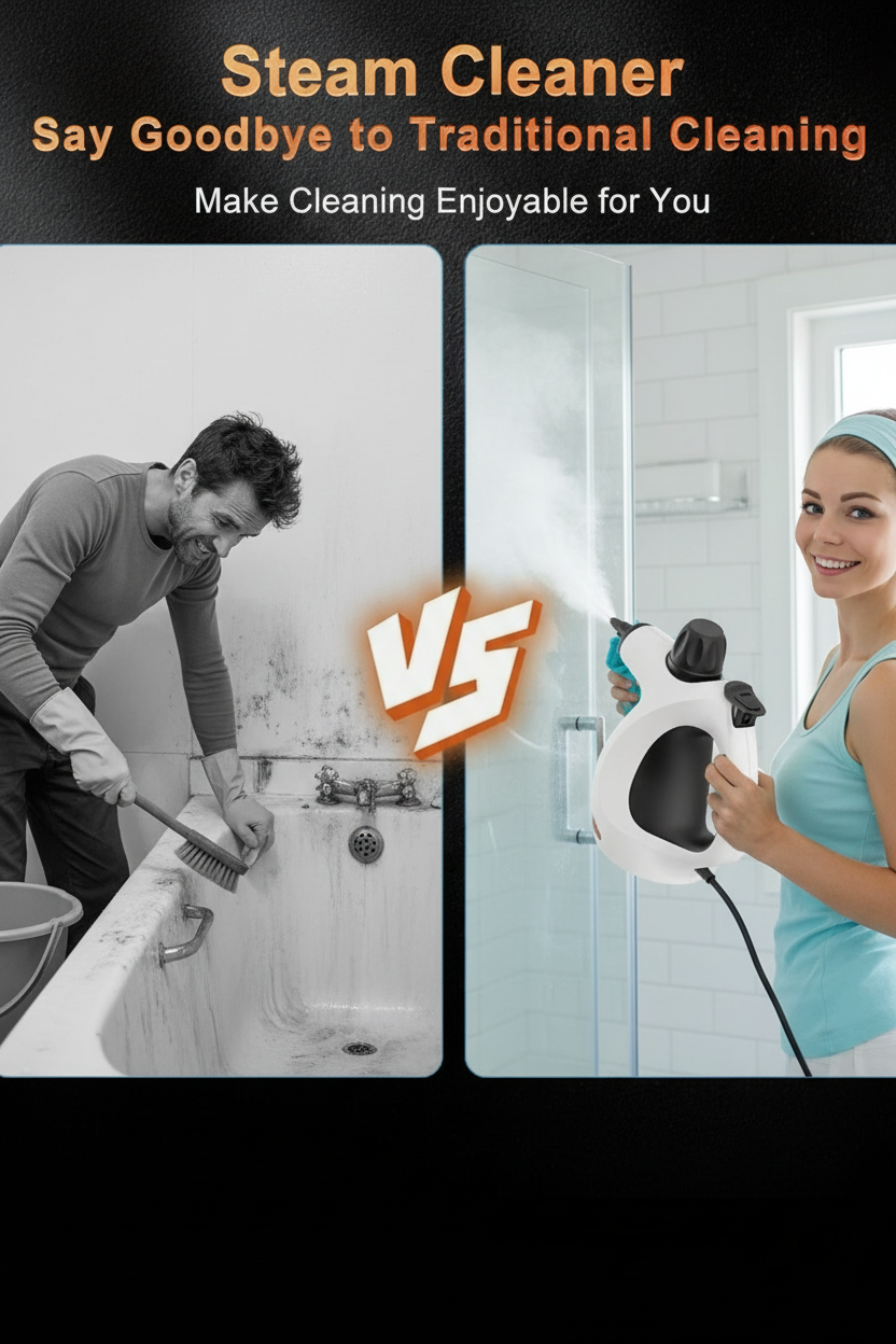 Comparison of using a steam cleaner versus manual cleaning, with text 'Steam Cleaner: Say Goodbye to Traditional Cleaning'.