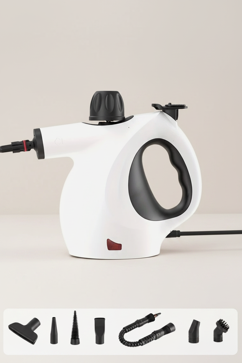White steam cleaner with black accents on a neutral background
