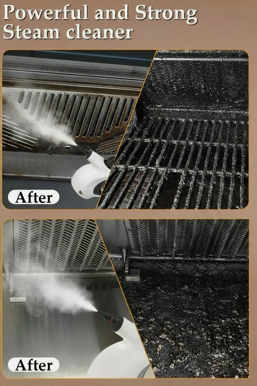 Before and after comparison of a steam cleaner on a grill.
