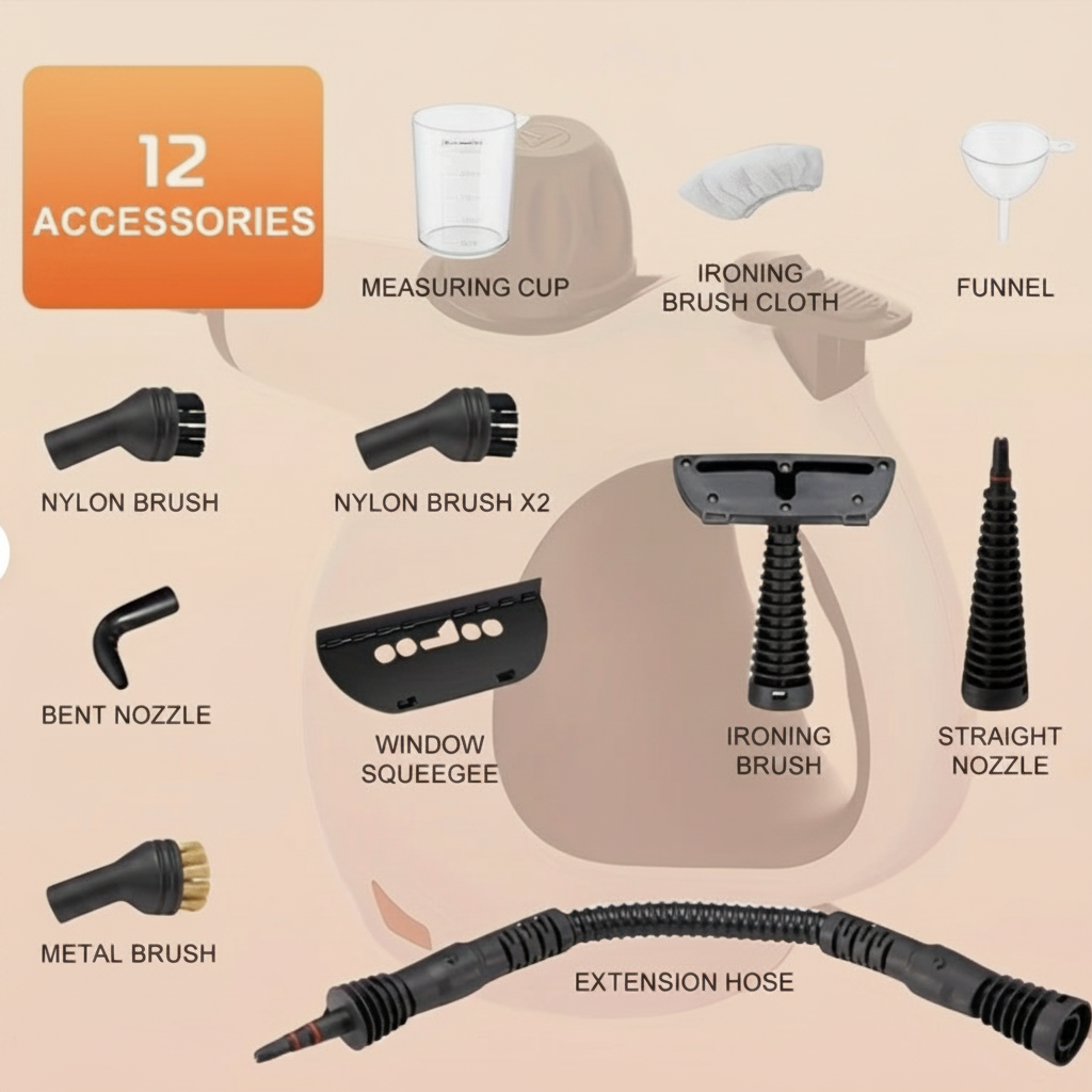 Set of 12 accessories for a cleaning tool on a beige background