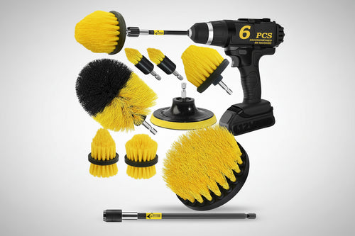 Drill Brush Cleaning Kit 6-Piece Set featuring various brush attachments and a power drill for efficient cleaning.