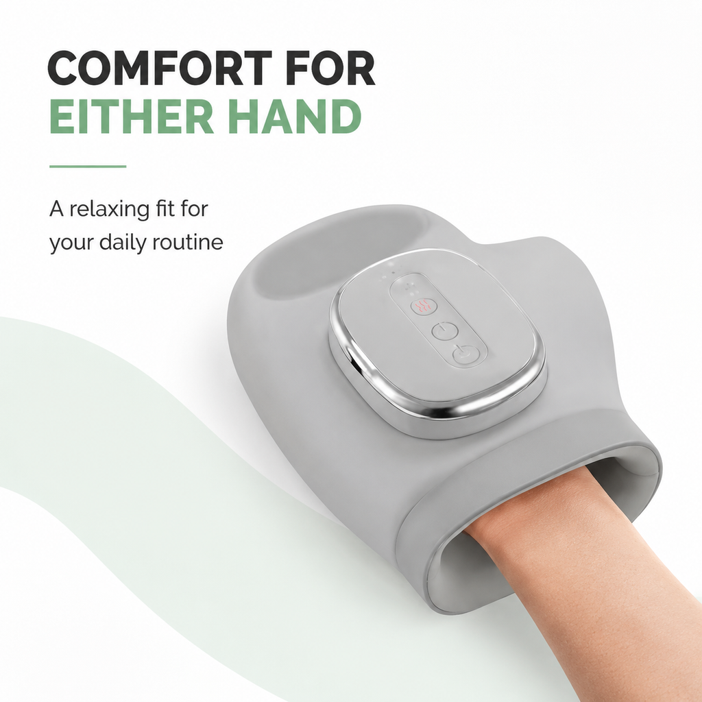 A gray wrist massage device worn on a person's wrist, with promotional text on a clean white background.