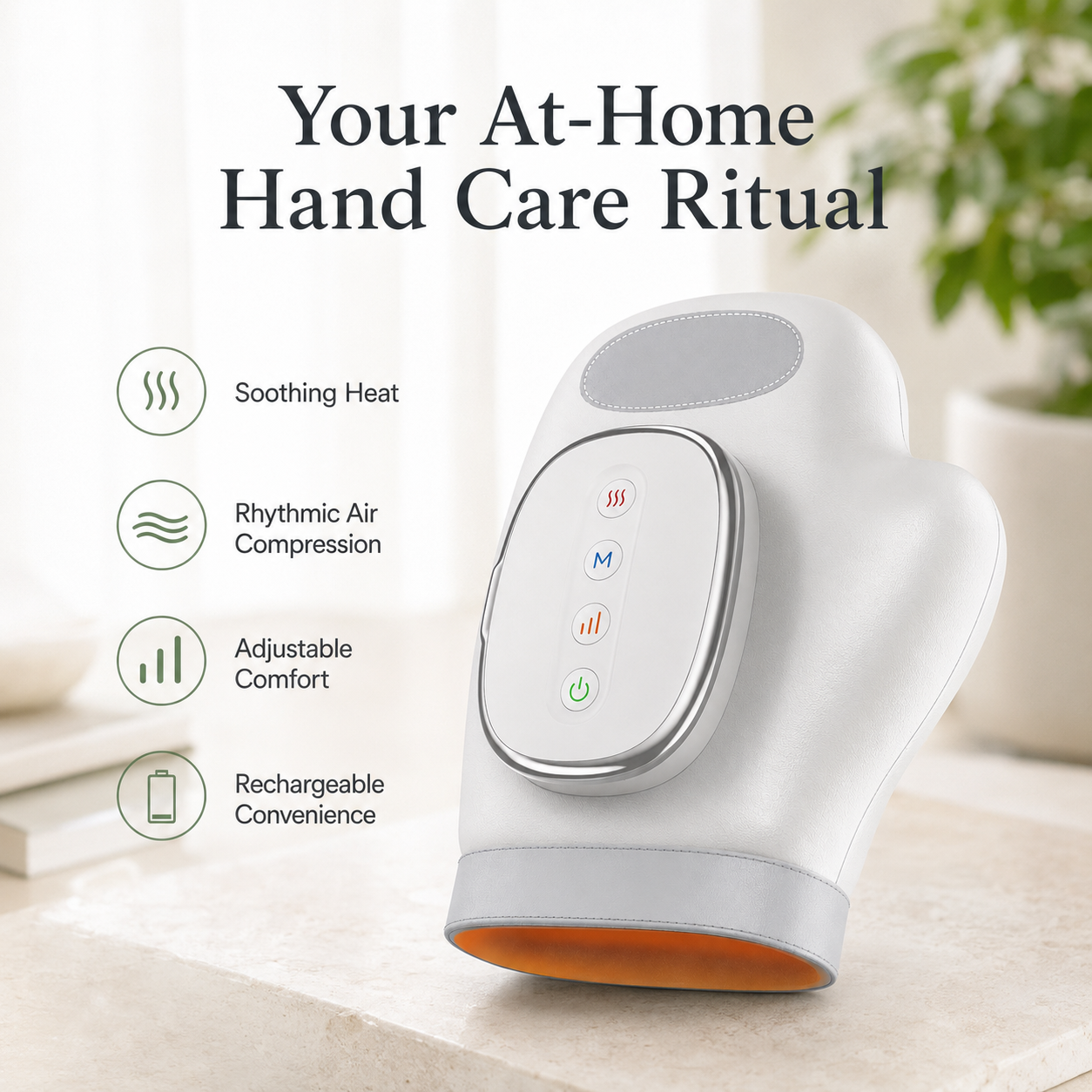 A white and silver handheld foot massager with an orange base, shown on a light countertop with promotional text reading 'Your At-Home Hand Care Ritual' and feature icons for soothing heat, rhythmic air compression, adjustable comfort, and rechargeable convenience.