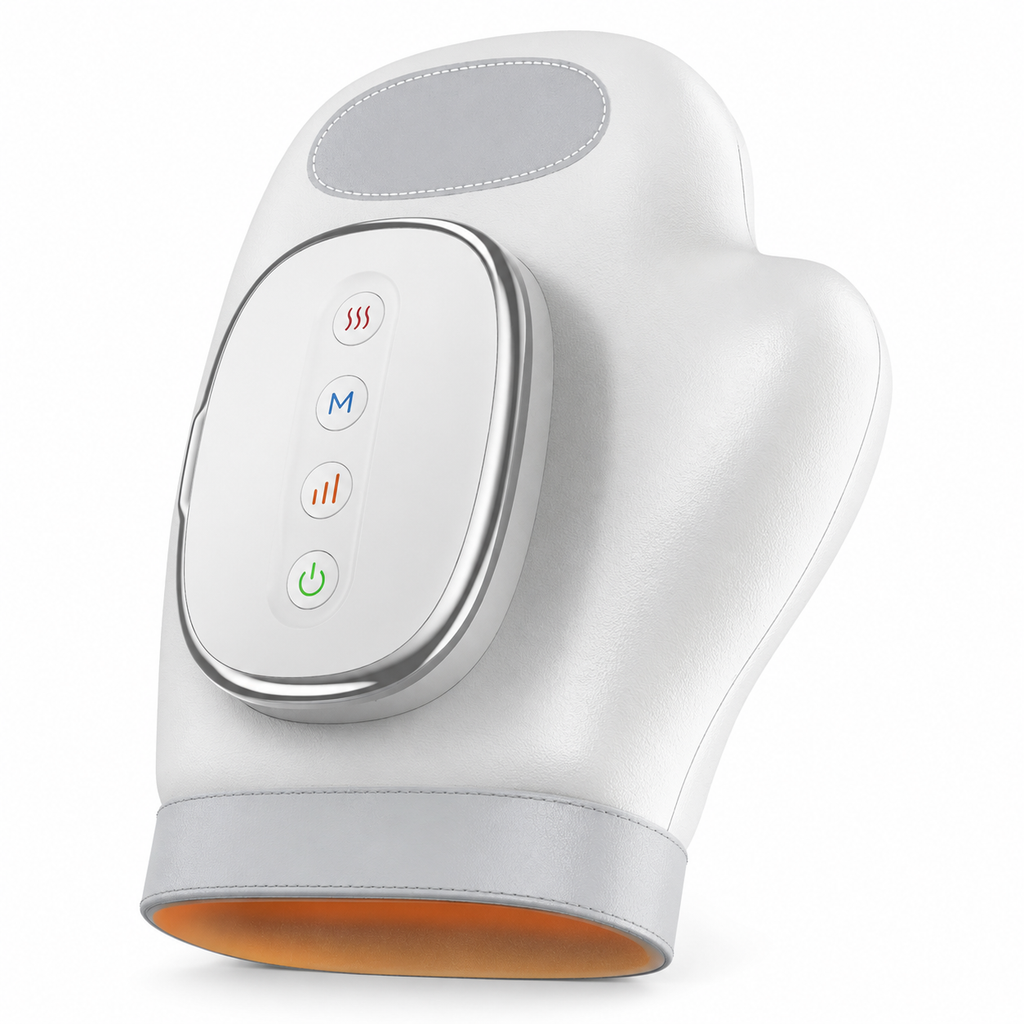 A white handheld electric massager with a silver control panel and an orange interior, shown on a clean white background.